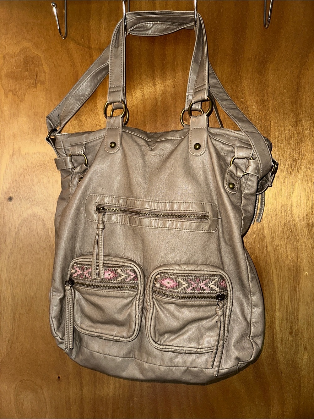 Taupe Shoulder Bag with Pink Accent Embroidery